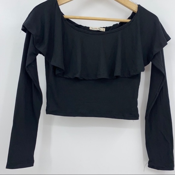 Hearts & Hips Black Off Shoulder Ruffled Long Sleeve Cropped Top - Picture 3 of 8